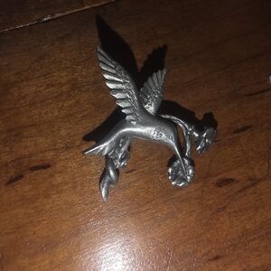 Pewter Hummingbird With Flowers Brooch / Pin UnSigned 1"x 1" Approx